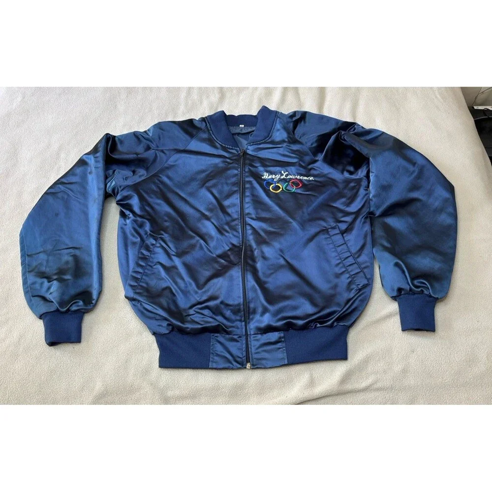 Vintage 1988 Seoul Korea Olympics Full Zip Blue Satin Bomber Jacket Size XL